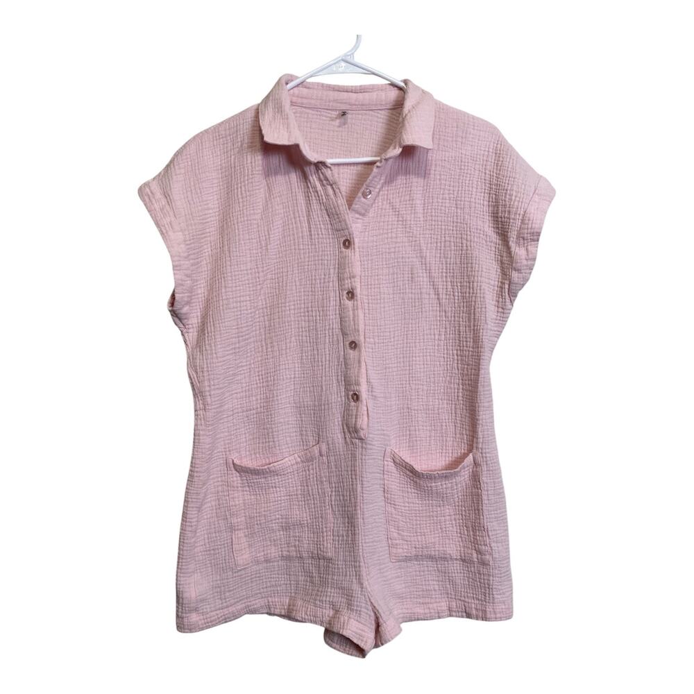 Forever 21 Young Women Pink Cotton Romper Button Up Cover Up Size L